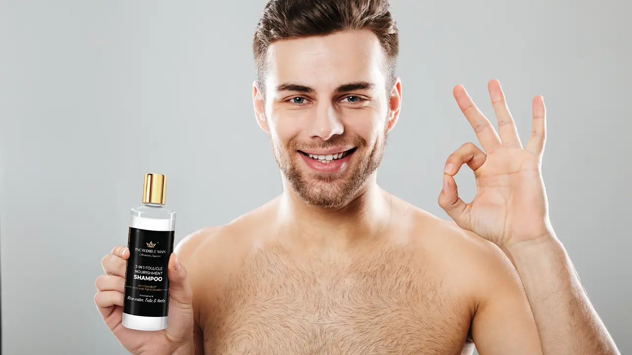 A man is showing an incredible man’s hair care product